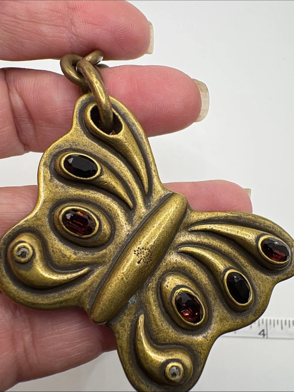 Mulberry Antique Brass Butterfly Keychain with Garnet-Tone Accents